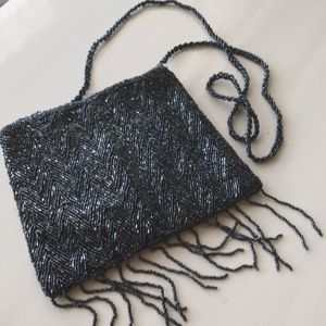Beaded Dark Blue/Gray Bag with Fringe Evening Purse Clutch Vintage Antique Fashi